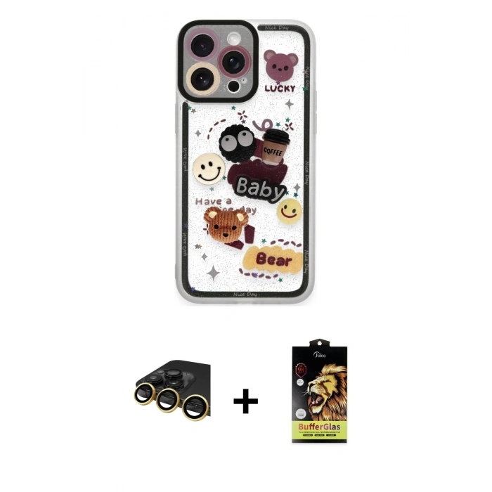 MARSİLYAN™- iPhone 14 Pro Kılıf Çekirdek Asil - Siyah Buffer Cam Ekran Koruyucu + Raze Metal Kamera Lens - GD