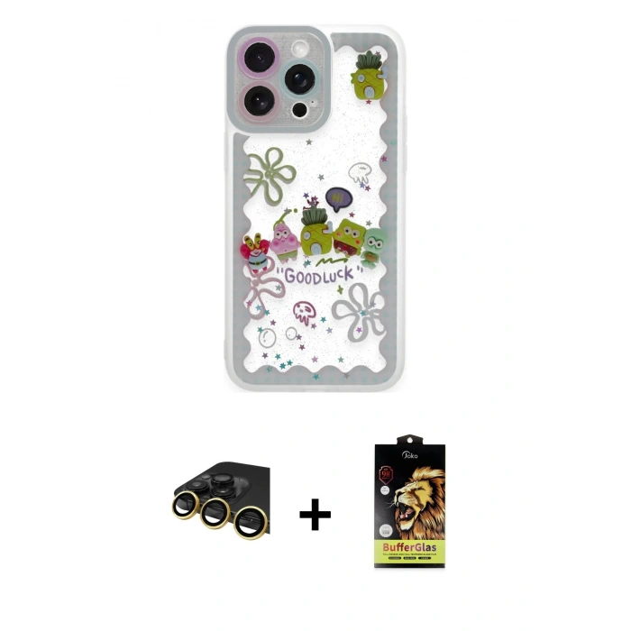 MARSİLYAN™- iPhone 14 Pro Kılıf Çekirdek Asil - Siyah Buffer Cam Ekran Koruyucu + Raze Metal Kamera Lens - GD