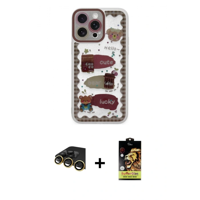 MARSİLYAN™- iPhone 14 Pro Kılıf Çekirdek Asil - Siyah Buffer Cam Ekran Koruyucu + Raze Metal Kamera Lens - GD