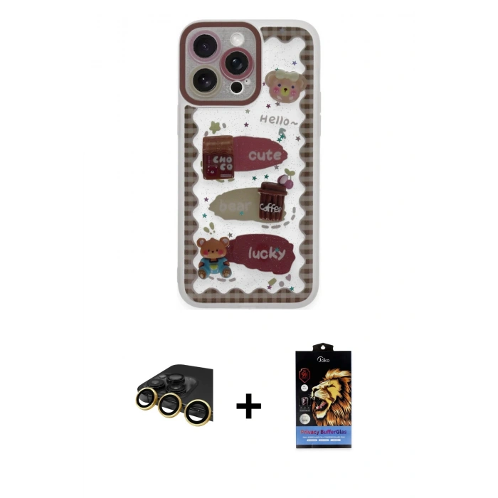 MARSİLYAN™- iPhone 14 Pro Kılıf Çekirdek Asil - Siyah Buffer Hayalet Cam Ekran Koruyucu + Gold Raze Metal Kamera Lens