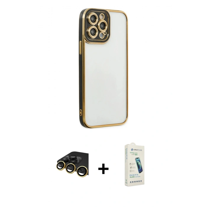 MARSİLYAN™- iPhone 14 Pro Kılıf Çekirdek Klasik Serisi - Şeffaf Pasifik Cam Ekran Koruyucu + Raze Metal Kamera Lens - GD