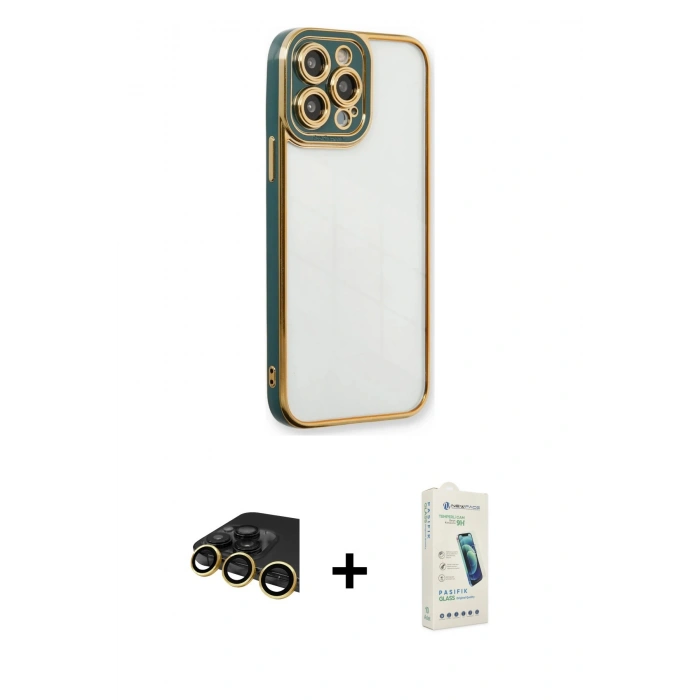 MARSİLYAN™- iPhone 14 Pro Kılıf Çekirdek Klasik Serisi - Şeffaf Pasifik Cam Ekran Koruyucu + Raze Metal Kamera Lens - GD