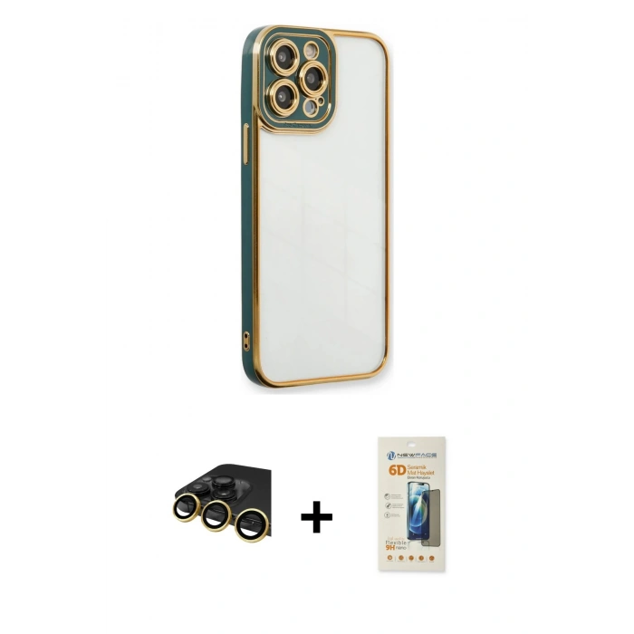 MARSİLYAN™- iPhone 14 Pro Kılıf Çekirdek Klasik Serisi - Siyah 6D Mat Seramik Hayalet Nano Ekran Koruyucu + Raze Metal Kamera Lens - GD