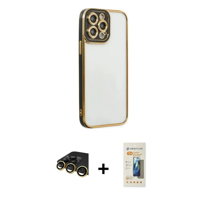 MARSİLYAN™- iPhone 14 Pro Kılıf Çekirdek Klasik Serisi - Siyah 6D Mat Seramik Hayalet Nano Ekran Koruyucu + Raze Metal Kamera Lens - GD