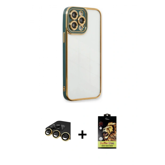 MARSİLYAN™- iPhone 14 Pro Kılıf Çekirdek Klasik Serisi - Siyah Buffer Cam Ekran Koruyucu + Raze Metal Kamera Lens - GD