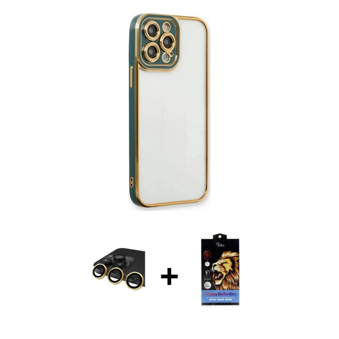 MARSİLYAN™- iPhone 14 Pro Kılıf Çekirdek Klasik Serisi - Siyah Buffer Hayalet Cam Ekran Koruyucu + Gold Raze Metal Kamera Lens