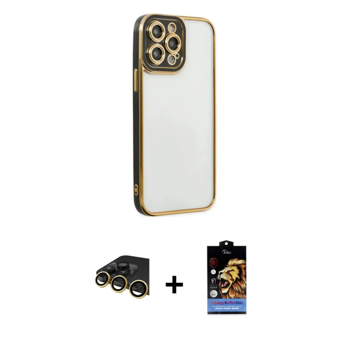 MARSİLYAN™- iPhone 14 Pro Kılıf Çekirdek Klasik Serisi - Siyah Buffer Hayalet Cam Ekran Koruyucu + Gold Raze Metal Kamera Lens