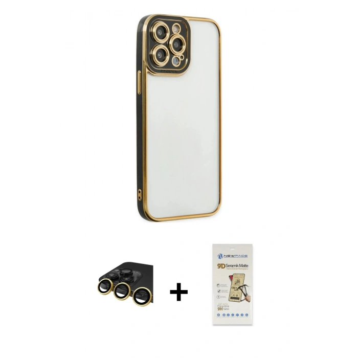 MARSİLYAN™- iPhone 14 Pro Kılıf Çekirdek Klasik Serisi - Siyah Mat Seramik Nano Ekran Koruyucu + Raze Metal Kamera Lens - GD