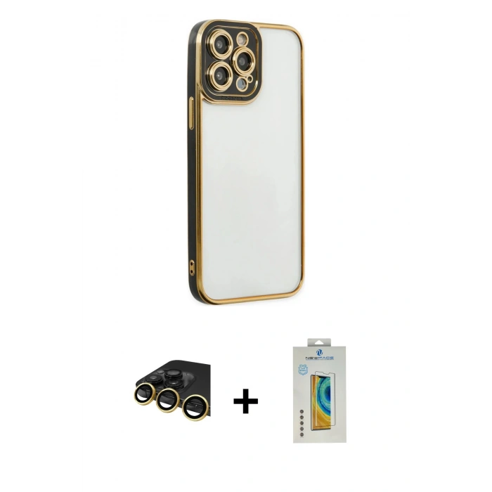 MARSİLYAN™- iPhone 14 Pro Kılıf Çekirdek Klasik Serisi - Siyah Polymer Nano Ekran Koruyucu + Raze Metal Kamera Lens - GD