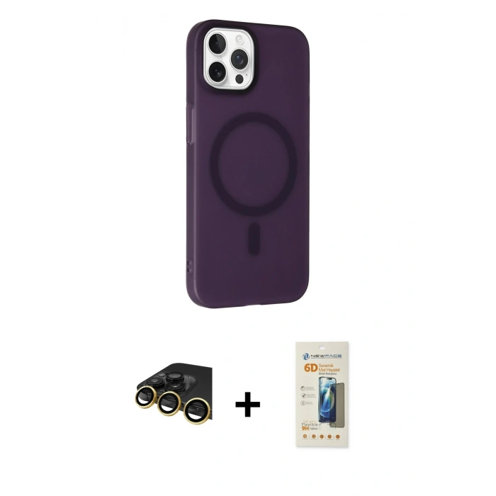 MARSİLYAN™- iPhone 14 Pro Kılıf Çekirdek Modern Prime - Siyah 6D Mat Seramik Hayalet Nano Ekran Koruyucu + Raze Metal Kamera Lens - GD