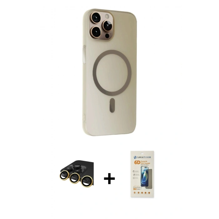 MARSİLYAN™- iPhone 14 Pro Kılıf Çekirdek Modern Prime - Siyah 6D Mat Seramik Hayalet Nano Ekran Koruyucu + Raze Metal Kamera Lens - GD