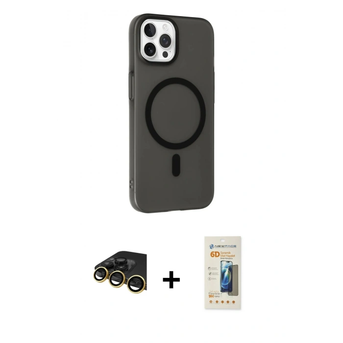 MARSİLYAN™- iPhone 14 Pro Kılıf Çekirdek Modern Prime - Siyah 6D Mat Seramik Hayalet Nano Ekran Koruyucu + Raze Metal Kamera Lens - GD