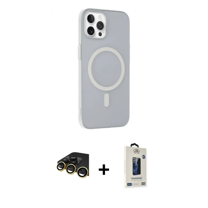 MARSİLYAN™- iPhone 14 Pro Kılıf Çekirdek Modern Prime - Siyah Bilvis Hayalet Cam Ekran Koruyucu + Gold Raze Metal Kamera Lens