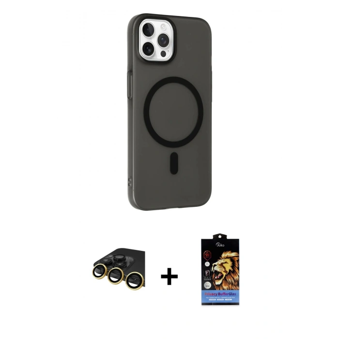MARSİLYAN™- iPhone 14 Pro Kılıf Çekirdek Modern Prime - Siyah Buffer Hayalet Cam Ekran Koruyucu + Raze Metal Kamera Lens - GD