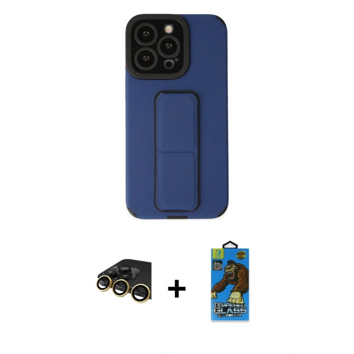 MARSİLYAN™- iPhone 14 Pro Kılıf Çekirdek Yansıma - Siyah 18D Cam Ekran Koruyucu + Raze Metal Kamera Lens - GD
