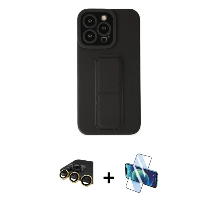 MARSİLYAN™- iPhone 14 Pro Kılıf Çekirdek Yansıma - Siyah 3D Antistatik Cam Ekran Koruyucu + Raze Metal Kamera Lens - GD
