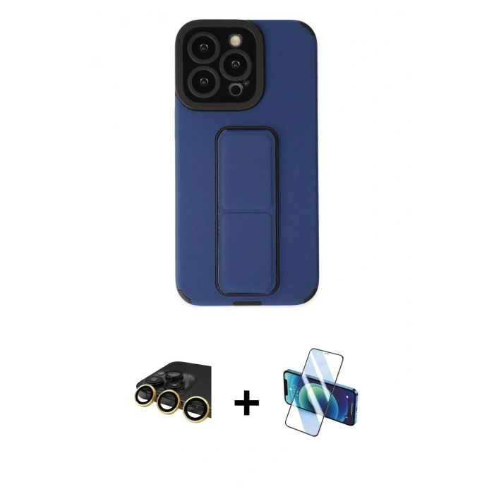 MARSİLYAN™- iPhone 14 Pro Kılıf Çekirdek Yansıma - Siyah 3D Antistatik Cam Ekran Koruyucu + Raze Metal Kamera Lens - GD