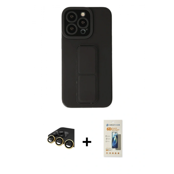 MARSİLYAN™- iPhone 14 Pro Kılıf Çekirdek Yansıma - Siyah 6D Mat Seramik Hayalet Nano Ekran Koruyucu + Raze Metal Kamera Lens - GD