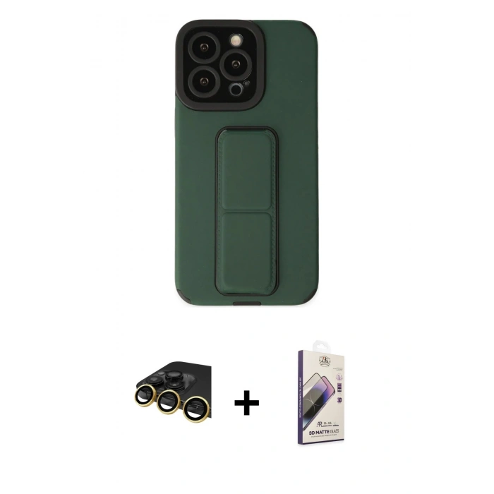 MARSİLYAN™- iPhone 14 Pro Kılıf Çekirdek Yansıma - Siyah Bilvis 3D Mat Cam Ekran Koruyucu + Gold Raze Metal Kamera Lens