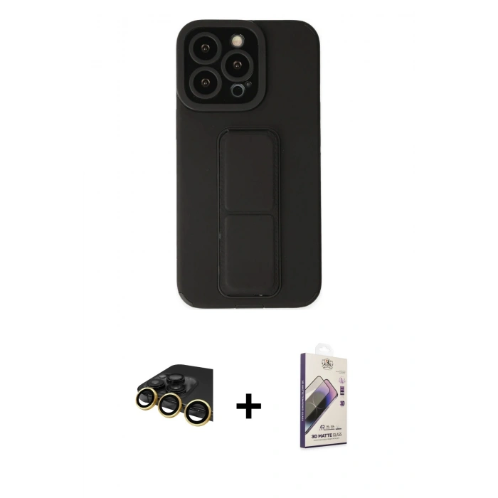 MARSİLYAN™- iPhone 14 Pro Kılıf Çekirdek Yansıma - Siyah Bilvis 3D Mat Cam Ekran Koruyucu + Gold Raze Metal Kamera Lens