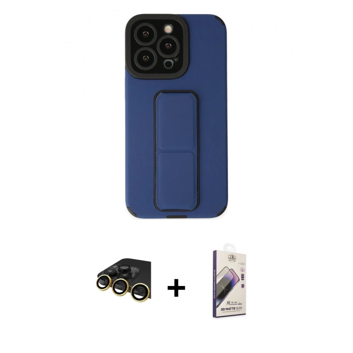 MARSİLYAN™- iPhone 14 Pro Kılıf Çekirdek Yansıma - Siyah Bilvis 3D Mat Cam Ekran Koruyucu + Gold Raze Metal Kamera Lens