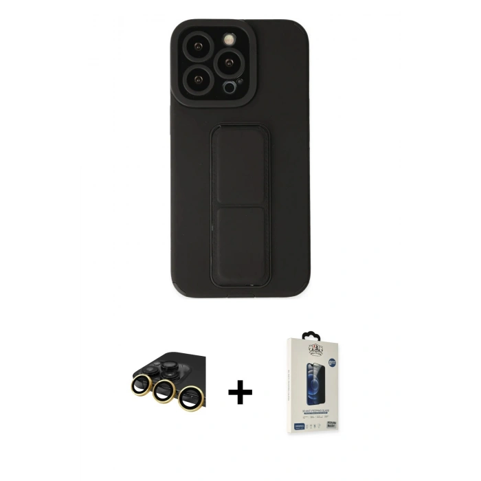MARSİLYAN™- iPhone 14 Pro Kılıf Çekirdek Yansıma - Siyah Bilvis Hayalet Cam Ekran Koruyucu + Raze Metal Kamera Lens - GD