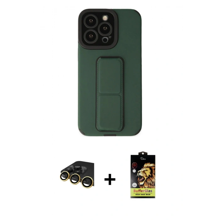 MARSİLYAN™- iPhone 14 Pro Kılıf Çekirdek Yansıma - Siyah Buffer Cam Ekran Koruyucu + Raze Metal Kamera Lens - GD