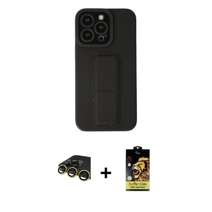 MARSİLYAN™- iPhone 14 Pro Kılıf Çekirdek Yansıma - Siyah Buffer Cam Ekran Koruyucu + Raze Metal Kamera Lens - GD