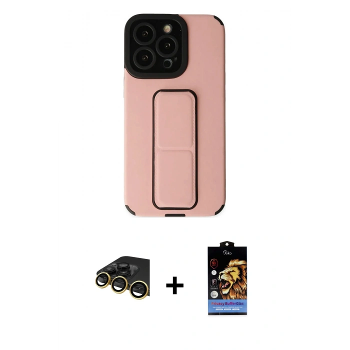 MARSİLYAN™- iPhone 14 Pro Kılıf Çekirdek Yansıma - Siyah Buffer Hayalet Cam Ekran Koruyucu + Raze Metal Kamera Lens - GD