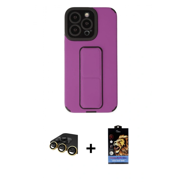 MARSİLYAN™- iPhone 14 Pro Kılıf Çekirdek Yansıma - Siyah Buffer Hayalet Cam Ekran Koruyucu + Raze Metal Kamera Lens - GD