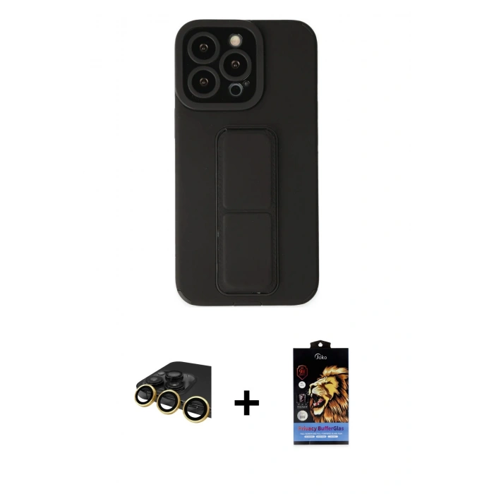 MARSİLYAN™- iPhone 14 Pro Kılıf Çekirdek Yansıma - Siyah Buffer Hayalet Cam Ekran Koruyucu + Raze Metal Kamera Lens - GD