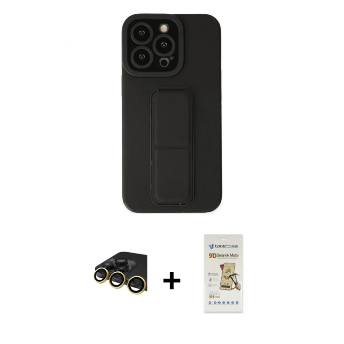 MARSİLYAN™- iPhone 14 Pro Kılıf Çekirdek Yansıma - Siyah Mat Seramik Nano Ekran Koruyucu + Raze Metal Kamera Lens - GD