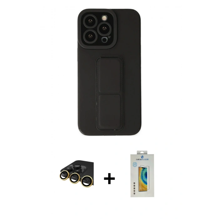 MARSİLYAN™- iPhone 14 Pro Kılıf Çekirdek Yansıma - Siyah Polymer Nano Ekran Koruyucu + Raze Metal Kamera Lens - GD