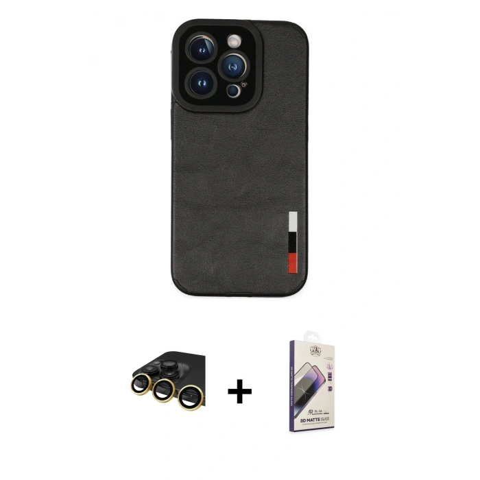 MARSİLYAN™- iPhone 14 Pro Kılıf Doruk Asil Koleksiyonu - Siyah Bilvis 3D Mat Cam Ekran Koruyucu + Raze Metal Kamera Lens - GD