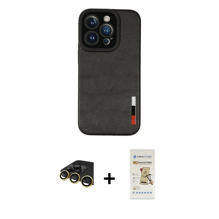 MARSİLYAN™- iPhone 14 Pro Kılıf Doruk Asil Koleksiyonu - Siyah Mat Seramik Nano Ekran Koruyucu + Raze Metal Kamera Lens - GD