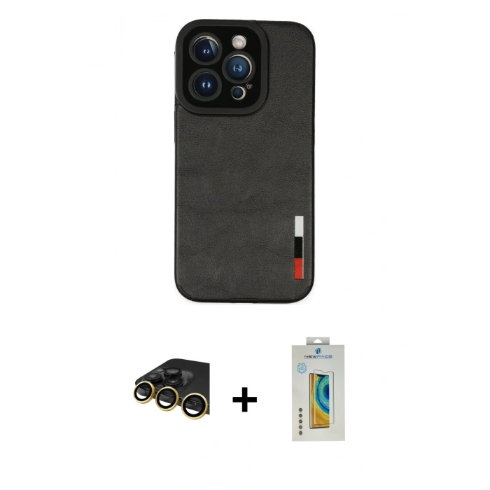 MARSİLYAN™- iPhone 14 Pro Kılıf Doruk Asil Koleksiyonu - Siyah Polymer Nano Ekran Koruyucu + Raze Metal Kamera Lens - GD