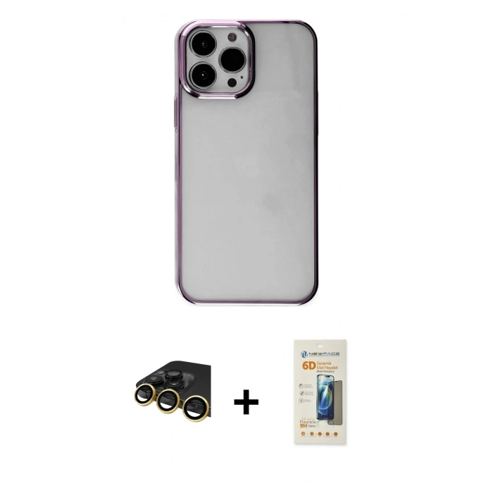 MARSİLYAN™- iPhone 14 Pro Kılıf Doruk Doku Prime - Siyah 6D Mat Seramik Hayalet Nano Ekran Koruyucu + Raze Metal Kamera Lens - GD