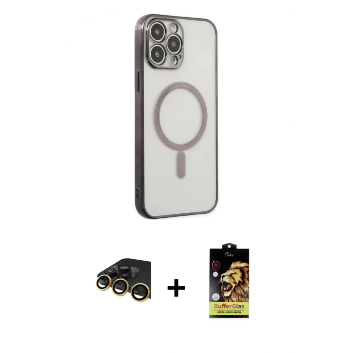 MARSİLYAN™- iPhone 14 Pro Kılıf Doruk Minimal - Siyah Buffer Cam Ekran Koruyucu + Raze Metal Kamera Lens - GD
