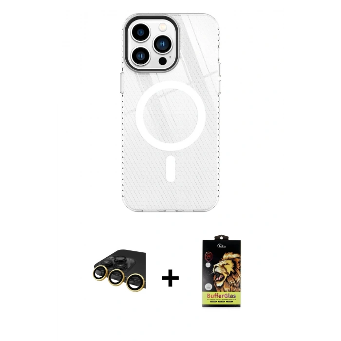 MARSİLYAN™- iPhone 14 Pro Kılıf Doruk Prime - Siyah Buffer Cam Ekran Koruyucu + Raze Metal Kamera Lens - GD