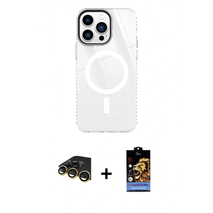 MARSİLYAN™- iPhone 14 Pro Kılıf Doruk Prime - Siyah Buffer Hayalet Cam Ekran Koruyucu + Raze Metal Kamera Lens - GD