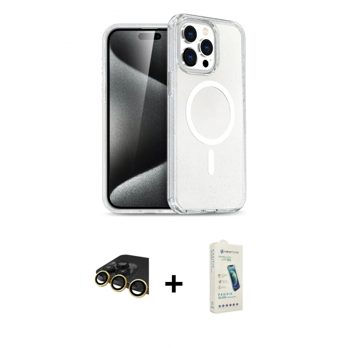 MARSİLYAN™- iPhone 14 Pro Kılıf Eksen Doku Koleksiyonu - Şeffaf Pasifik Cam Ekran Koruyucu + Raze Metal Kamera Lens - GD