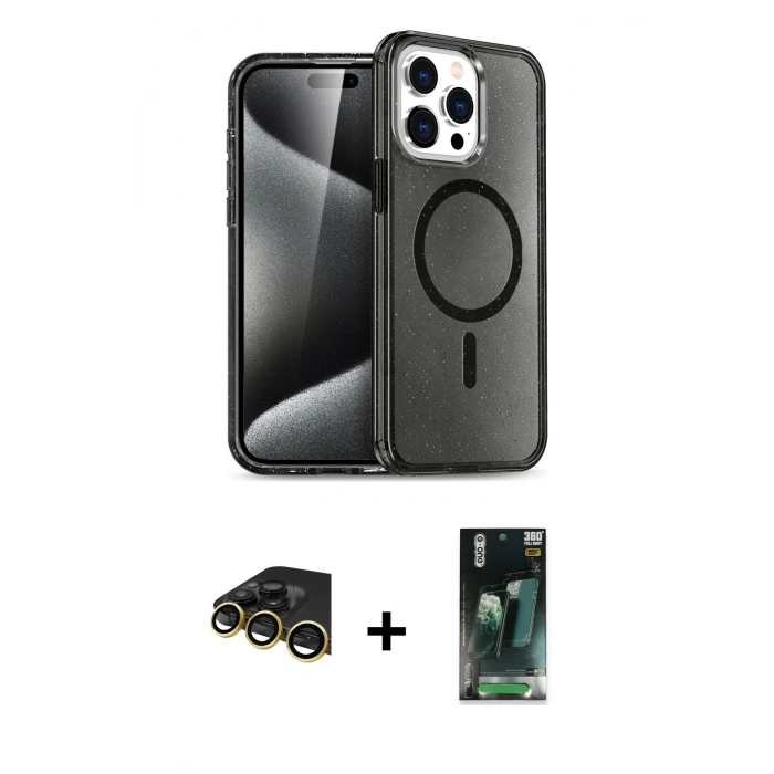 MARSİLYAN™- iPhone 14 Pro Kılıf Eksen Doku Koleksiyonu - Siyah 360 Mat Full Body Arka Koruyucu + Raze Metal Kamera Lens - GD