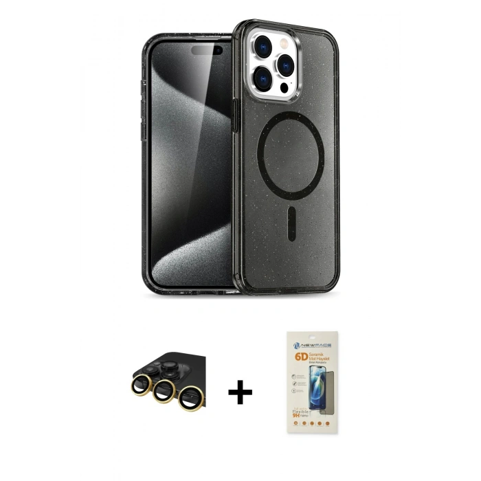 MARSİLYAN™- iPhone 14 Pro Kılıf Eksen Doku Koleksiyonu - Siyah 6D Mat Seramik Hayalet Nano Ekran Koruyucu + Raze Metal Kamera Lens - GD
