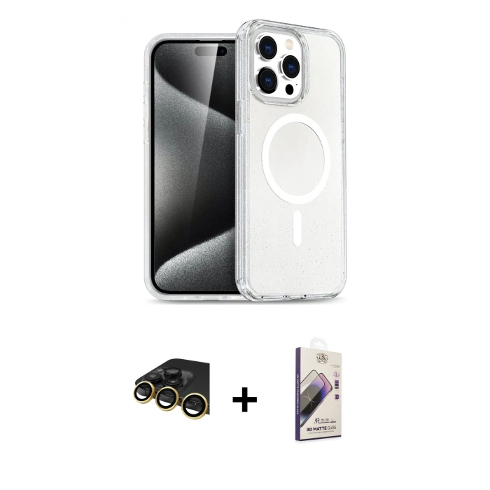 MARSİLYAN™- iPhone 14 Pro Kılıf Eksen Doku Koleksiyonu - Siyah Bilvis 3D Mat Cam Ekran Koruyucu + Gold Raze Metal Kamera Lens