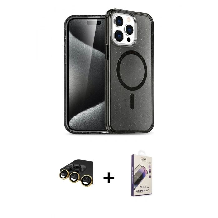 MARSİLYAN™- iPhone 14 Pro Kılıf Eksen Doku Koleksiyonu - Siyah Bilvis 3D Mat Cam Ekran Koruyucu + Gold Raze Metal Kamera Lens