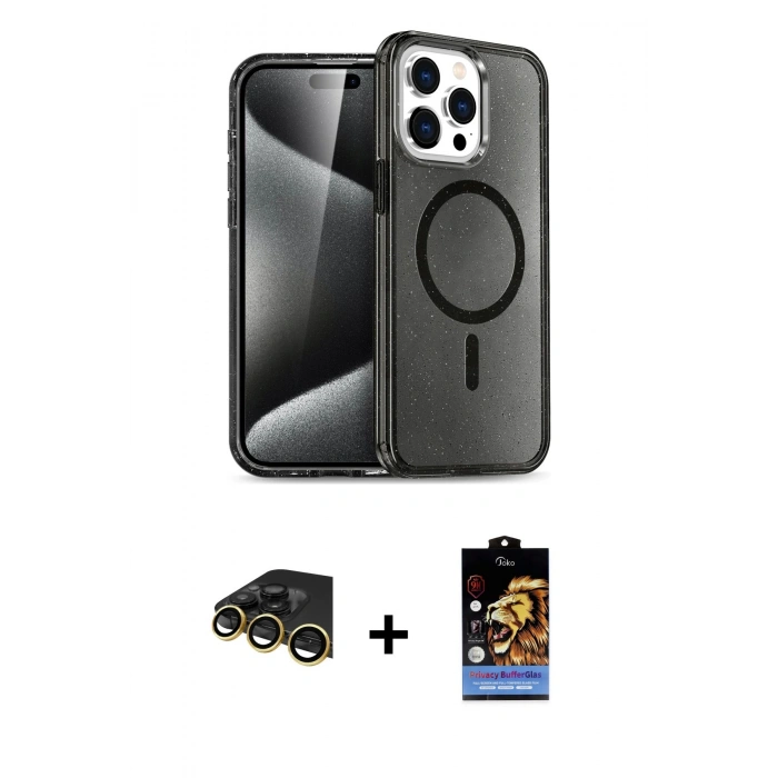 MARSİLYAN™- iPhone 14 Pro Kılıf Eksen Doku Koleksiyonu - Siyah Buffer Hayalet Cam Ekran Koruyucu + Raze Metal Kamera Lens - GD