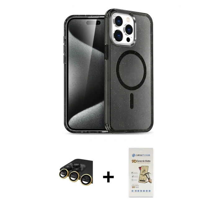 MARSİLYAN™- iPhone 14 Pro Kılıf Eksen Doku Koleksiyonu - Siyah Mat Seramik Nano Ekran Koruyucu + Raze Metal Kamera Lens - GD