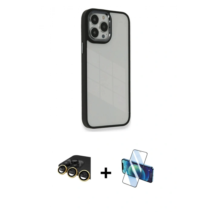 MARSİLYAN™- iPhone 14 Pro Kılıf Eksen Doku Prime - Siyah 3D Antistatik Cam Ekran Koruyucu + Raze Metal Kamera Lens - GD