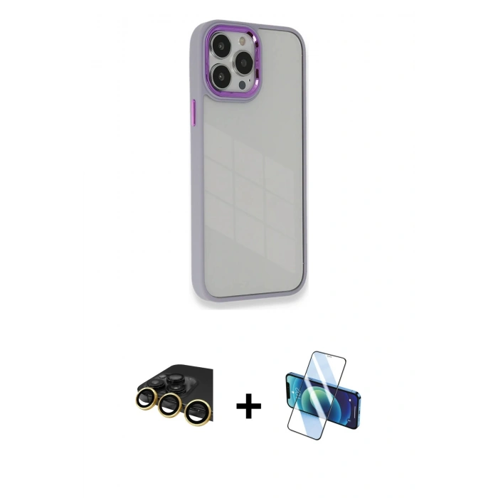 MARSİLYAN™- iPhone 14 Pro Kılıf Eksen Doku Prime - Siyah 3D Antistatik Cam Ekran Koruyucu + Raze Metal Kamera Lens - GD