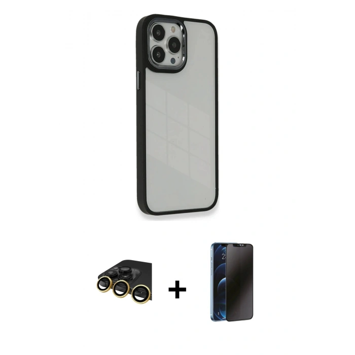 MARSİLYAN™- iPhone 14 Pro Kılıf Eksen Doku Prime - Siyah 3D Antistatik Hayalet Cam Ekran Koruyucu + Raze Metal Kamera Lens - GD